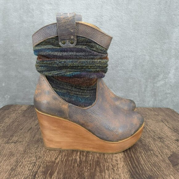 BedStu Bruges Platform Wedge Boots 8.5 Blue Red Multi Slouch Fabric Leather Wood - Picture 8 of 13